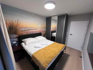a bedroom with a bed with a painting on the wall at Golden Sun Apartment Grzybowo in Grzybowo