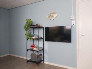 a shelf next to a wall with a tv at 't Vakansie'uus in Serooskerke