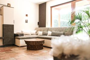 a living room with a couch and a table at Gartenapartment Malea in Schlitters