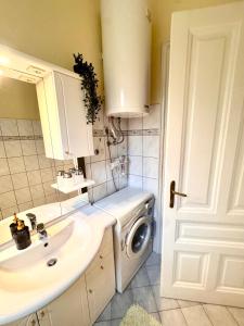 a bathroom with a sink and a washing machine at Ljubez Apartment in Jajce +15 photos