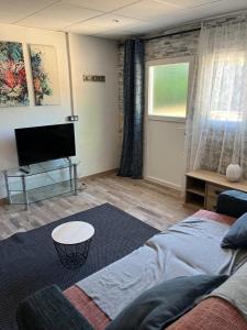 a living room with a bed and a flat screen tv at Les Cigales in La Crau