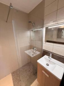 a white bathroom with a sink and a shower at Le cottage landais in Lit-et-Mixe +9 photos