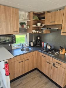 a kitchen with wooden cabinets and a sink and a window at De vijverhut in Schagen