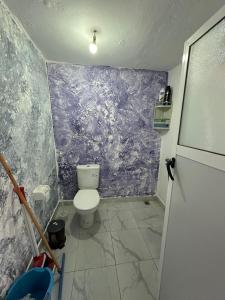 a bathroom with a toilet and a purple wall at Casa Abdel in Larache +8 photos