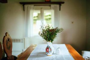 a vase with flowers on a table with a window at Zenovna - Roubená chaloupka in Krásná