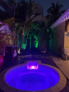 a swimming pool with a purple and green lighting at Maison avec piscine proche plage in Les Trois-Îlets