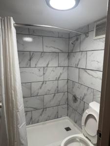 a bathroom with a toilet and a sink and a shower at Crown Lodge in Kansas City