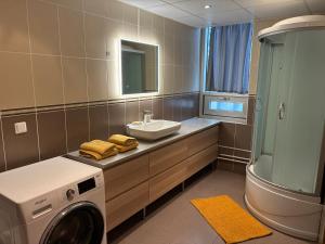 a bathroom with a washing machine and a sink at Viimsi Apartment in Haabneeme