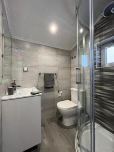 a bathroom with a toilet and a sink and a shower at NEW - Casa Rocha in Sesimbra +14 photos