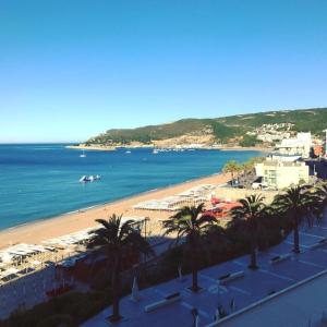 a view of a beach with palm trees and the ocean at NEW - Casa Rocha in Sesimbra