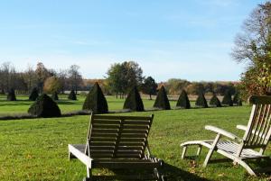 two wooden chairs sitting in a field with trees at Ferienwohnung Herrenhaus Linker Seitenflügel II - Boldevitzer Rügenkaten in Parchtitz