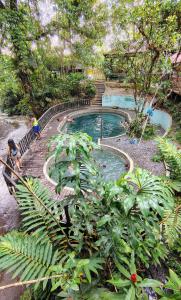 a swimming pool in a garden with people in it at cabaña malambo in Termales - agua caliente - nuqui