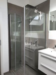 a bathroom with a glass shower and a sink at Haus Strandoase Nr 4 in Oldenburg in Holstein +10 photos