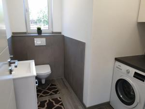 a bathroom with a washing machine and a toilet at Haus Strandoase Nr 4 in Oldenburg in Holstein