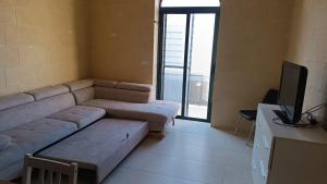 a living room with a couch and a television at Tan-Nahal Court Apartment, Sannat Gozo in Sannat