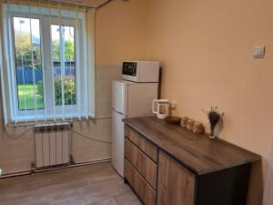 a kitchen with a refrigerator and a microwave on a counter at Сколе Серце Карпат in Skole