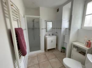 a bathroom with a shower and a toilet and a sink at Vue sur la Vezere in Treignac