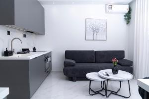 a kitchen and living room with a couch and a table at Agias Sofias Luxury Apartments in Thessaloniki