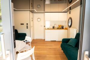 a living room with a green couch and a table at Solina Houseboat Polańczyk in Polańczyk