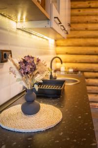 a vase with flowers on a counter in a kitchen at Brvnara Vasić - Stara planina in Pirot