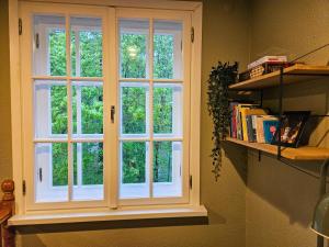 a window in a room with a shelf with books at B5 Jurmala Apartments in Jūrmala