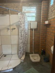 a bathroom with a shower and a toilet at Golden refuge in Vale do Capão in Passagem