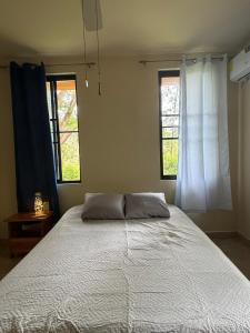 a bedroom with a large bed with two windows at Casa Flussy in Sorá