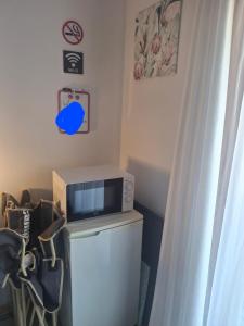 a microwave sitting on top of a small refrigerator at Protea in Britannia Bay +3 photos
