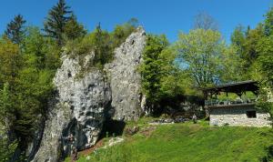 a building on a hill next to a large rock at Feriencamp Sibley - Gruppenhaus im Nationalpark Kalkalpen in Laussa
