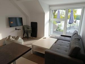 a living room with a couch and a tv at Villa Antonina Apartamenty z aneksem in Czaplinek