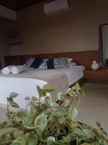 a bedroom with two beds with pillows and a plant at Chalé Jenipapo in Serra do Cipo