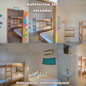 a collage of pictures of a room with bunk beds at Hotel Y Restaurante Verano Azul in Moñitos +1 photo