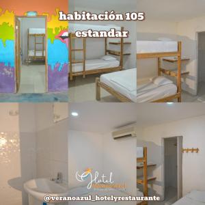 a collage of pictures of a room with bunk beds at Hotel Y Restaurante Verano Azul in Moñitos