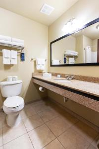 a bathroom with a toilet and a large mirror at Cobblestone Inn & Suites - Bloomfield in Bloomfield +32 photos