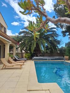 a swimming pool with two benches and palm trees at Villa Pesona in Vias