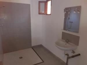a bathroom with a sink and a shower with a mirror at Appartement saumon 3p in Rognes +6 photos