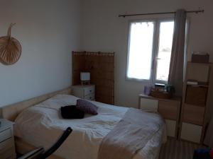 a bedroom with a bed and a window at Appartement saumon 3p in Rognes