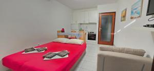 a living room with a red bed and a couch at Studio Rose in Gajac +30 photos