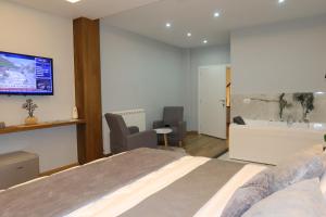 a bedroom with a bed and a tub and a television at Vila Alpini in Razëm