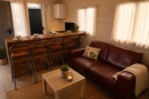 a living room with a leather couch and a bar at Tiny house met Coldtub 4pers The Firefly in Amblève