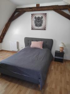 a bedroom with a bed with a pink pillow at La maison du petit peintre in Villaines-sous-Lucé