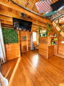 a living room with wooden walls and a flat screen tv at evasion guadeloupe in Malgré Tout