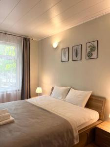 a bedroom with a large bed and a window at ThaiThanee COZY HOUSE in Palanga