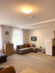 a living room with a couch and a tv at ThaiThanee COZY HOUSE in Palanga