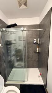 a shower stall in a bathroom with a toilet at Le Shack du Nord in Mont-Laurier +27 photos