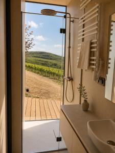 a bathroom with a shower and a sink with a view at Glamping Domik Tokaj in Malá Tŕňa