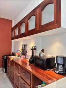 a kitchen with a counter top with a microwave at La casa de los Faroles in Cuetzalán del Progreso +12 photos