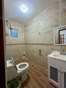 a bathroom with a toilet and a sink at La casa de los Faroles in Cuetzalán del Progreso