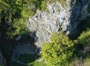 an overhead view of people rafting on a mountain at Camp Sibley Hütte in Oberdambach