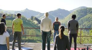 a group of people looking at the mountains at Camp Sibley Hütte in Oberdambach